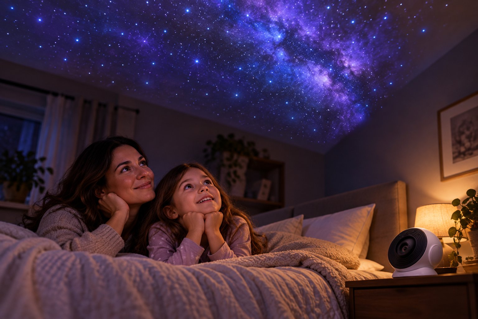 A parent and young child lying on a bed, smiling up at a starry galaxy projected across the bedroom ceiling, with the MoonWonders projector on the bedside table